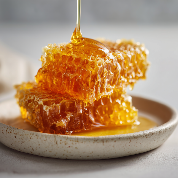 Honeycomb with honey being drizzled over it on a speckled ceramic plate.