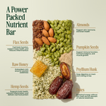 Nutrient bar with ingredients like almonds, flax seeds, pumpkin seeds, raw honey, psyllium husk, and dates on a beige background. - view 3