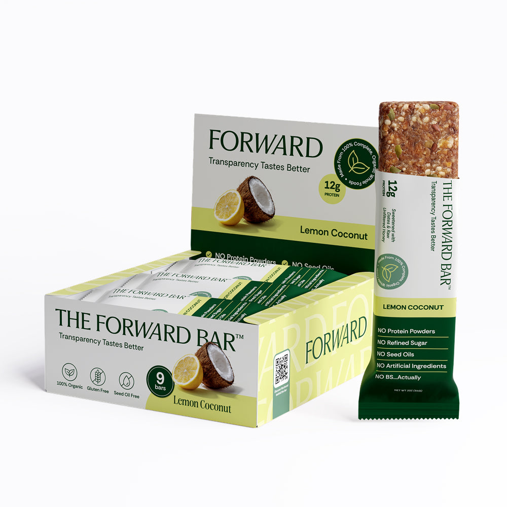 Forward Lemon Coconut protein bar packaging on a white background