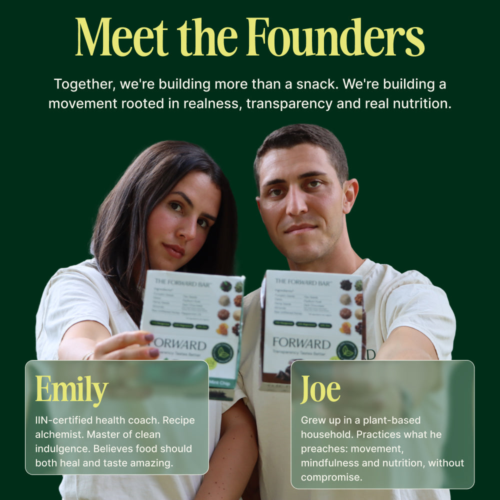 Two people holding packages with text about building a movement rooted in realness, transparency, and real nutrition.