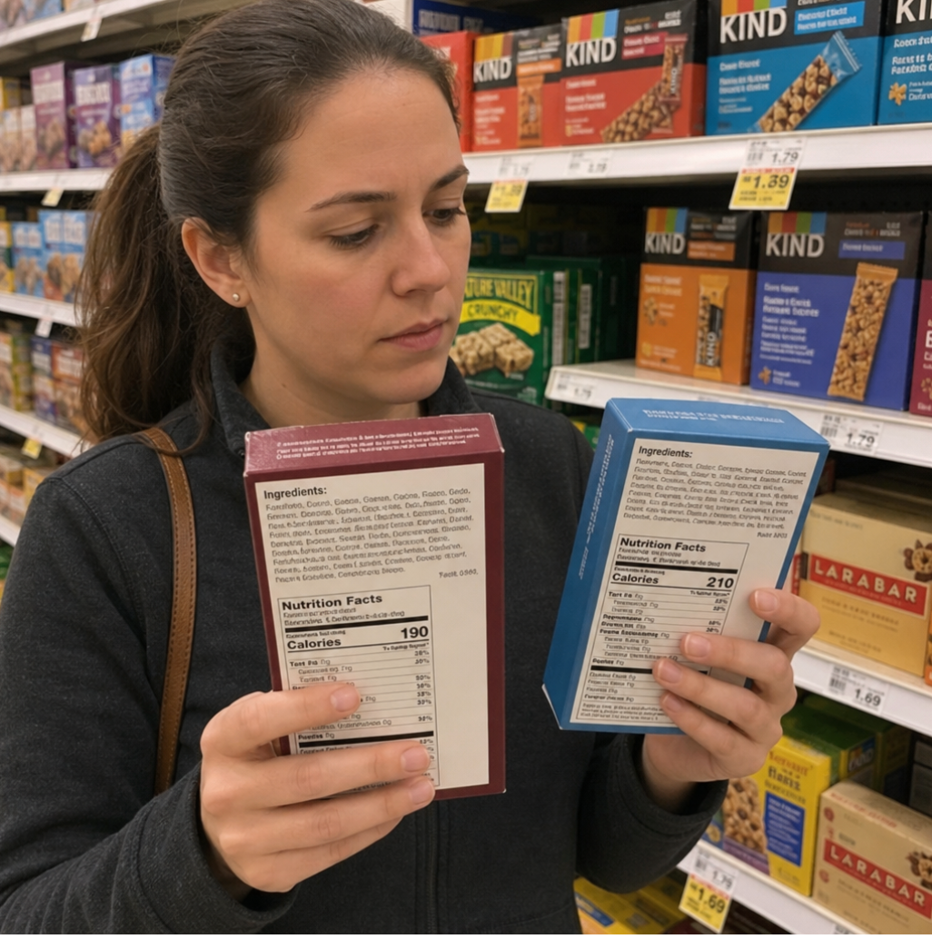 Woman in grocery store comparing the ingredient lists of two snack boxes