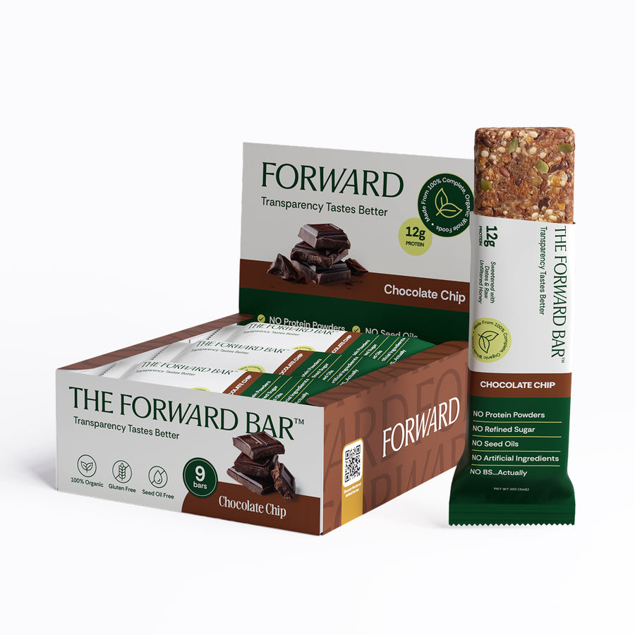 Chocolate chip protein bar packaging with 'The Forward Bar' branding on a white background