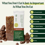 Chocolate chip protein bar with packaging and ingredients listed on a white background - view 6