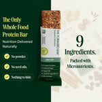 The Forward Bar protein bar packaging with text highlighting its features on a green and white background. - view 3