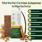 Vanilla chai protein bar and packaging with health benefits listed on a white background - view 6