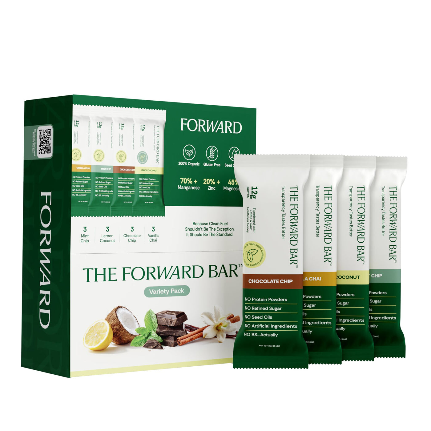 The Forward Bar packaging with variety pack on a white background