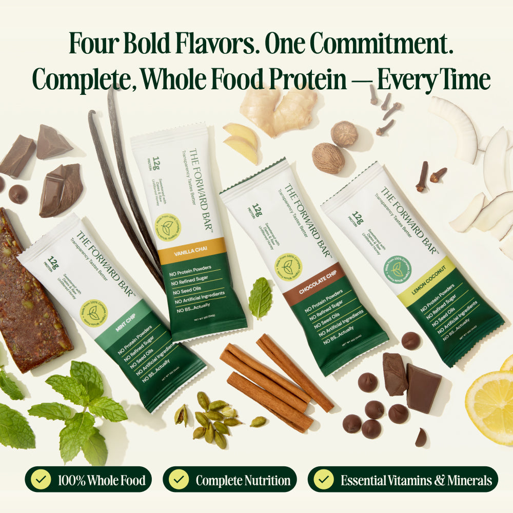 Protein bars with ingredients and text about flavors and commitment to whole food protein.
