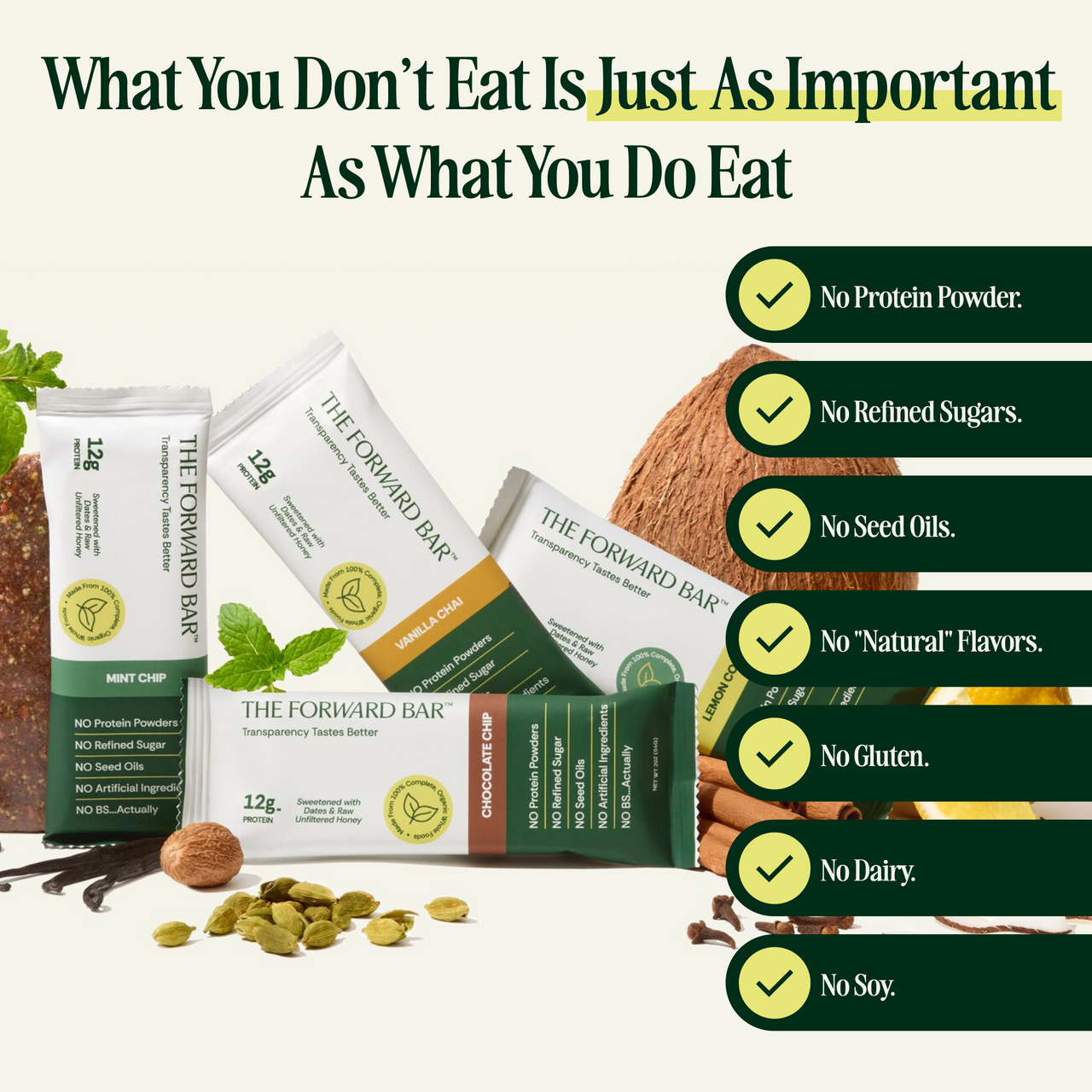 The Forward Bar packaging with ingredients and health benefits listed on a white background