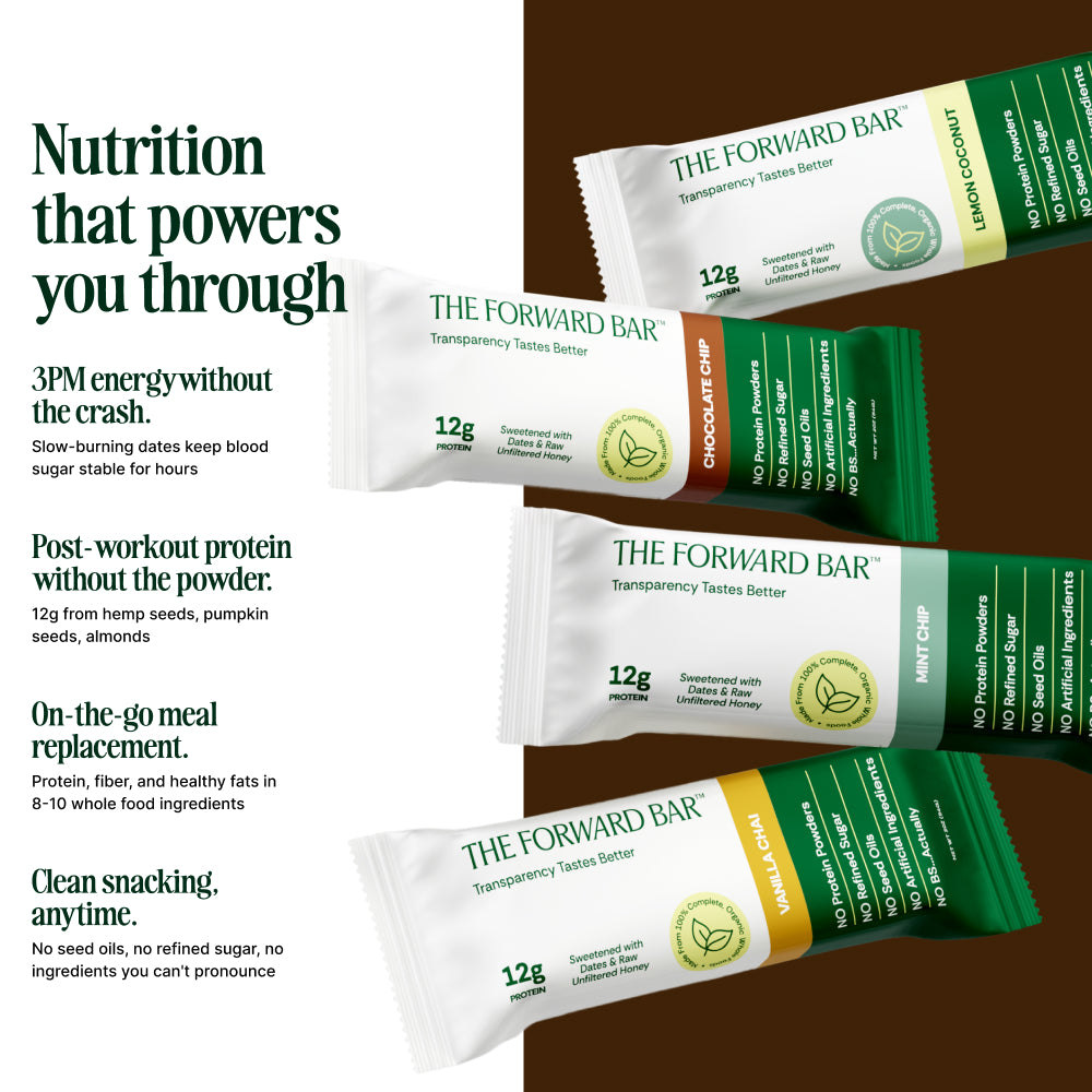 The Forward Bar packaging with product details on a brown background