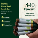 Protein bars with text highlighting their ingredients and benefits on a green background - view 3