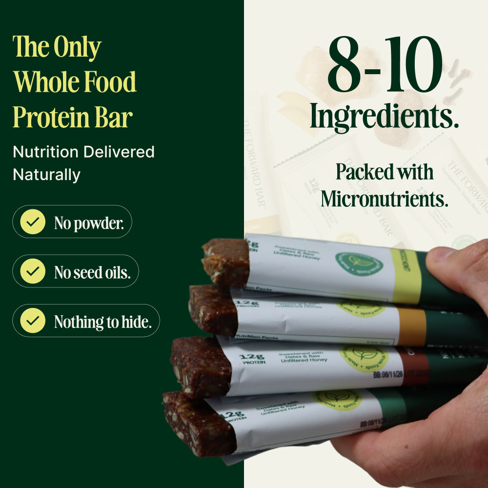Protein bars with text highlighting their ingredients and benefits on a green background