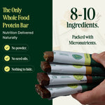 Protein bars with text highlighting their ingredients and benefits on a green background - view 8
