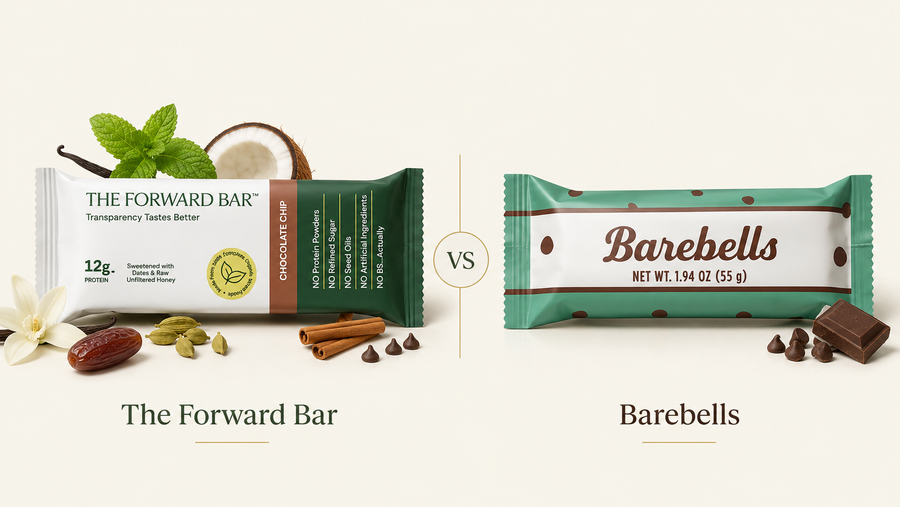 A side-by-side comparison graphic showing two packaged snack bars on a light cream background. On the left is The Forward Bar in a white and dark green wrapper with chocolate chip imagery, and on the right is Barebells in a mint green and white wrapper with chocolate pieces around it.