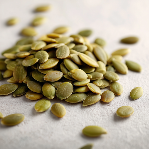 Green pumpkin seeds scattered on a light gray surface