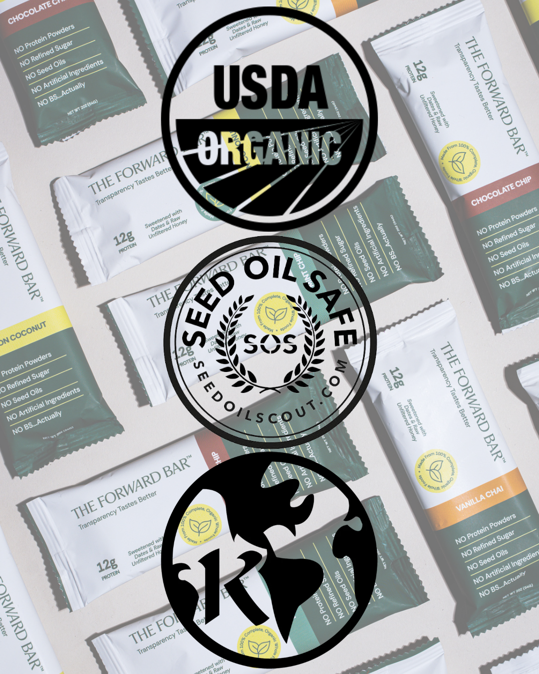 Seed Oil Safe and EarthKosher certification marks over an array of Forward Bar wrappers