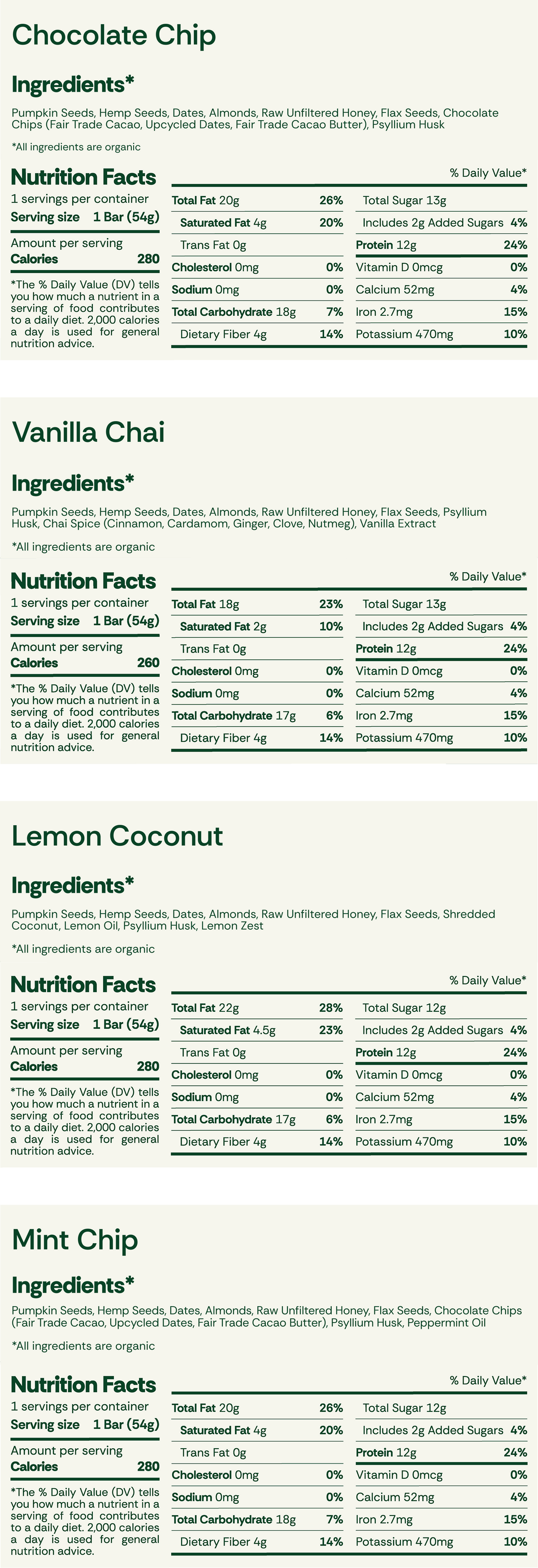Ingredients and nutrition facts a cross skus on a white backgroundVariety Pack