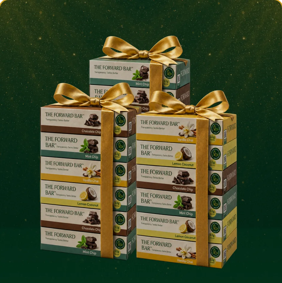 Three gift-wrapped stacks of Forward Bar boxes